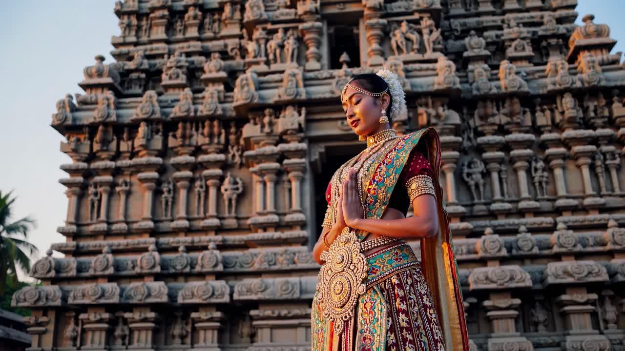 Elegant woman in traditional attire gracefully poses in front of ornate temple, showcasing cultural heritage and beauty in a captivating scene sequence
