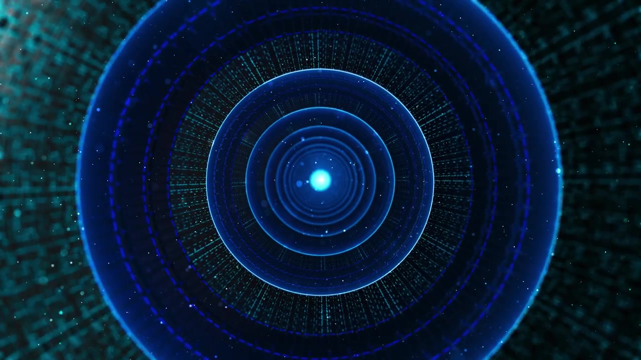 A luminous digital corridor of circular rings rushes toward central light rapid information transfer