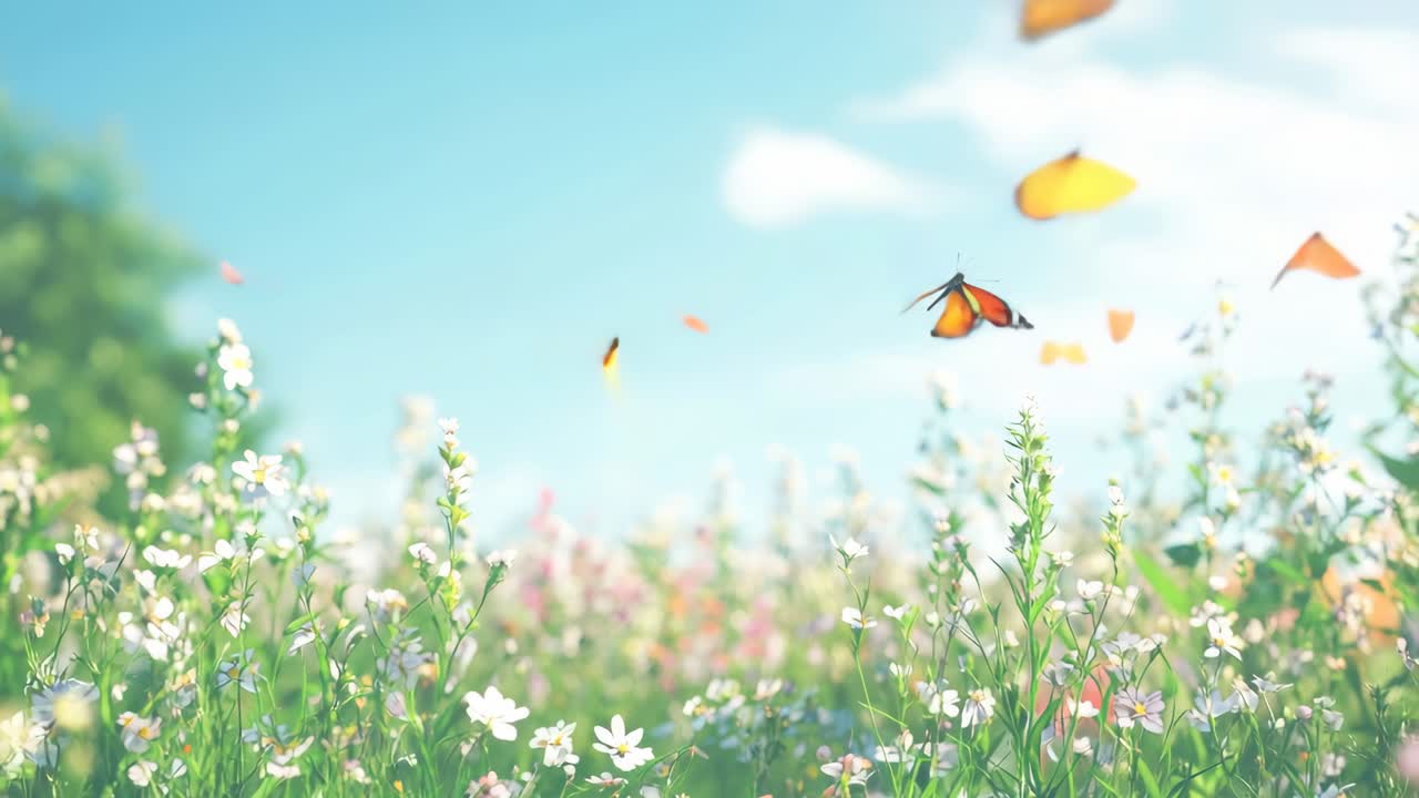 A serene, low-angle video captures colorful butterflies fluttering over a vibrant wildflower meadow