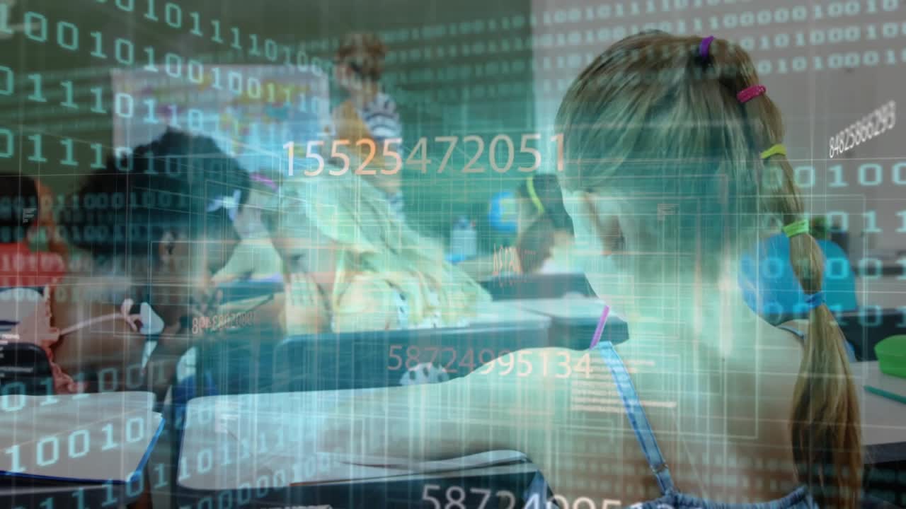 Teacher writing, initiating binary overlay, braided student turning head toward camera, learning