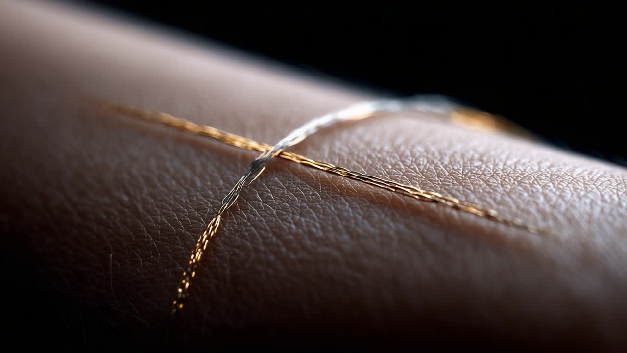 Close-Up of Threaded Needle Marks on Skin: Capturing the Intricate Details of a Cross-Stitched Design on an Arm in a Visually Stunning Microscopic Perspective