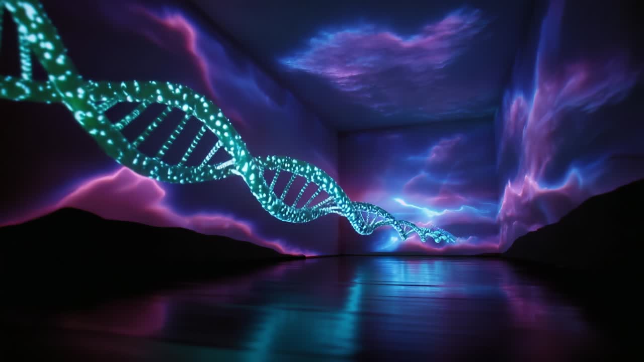 A Captivating Visual Journey Through a Hypothetical Space Where Vibrant Projections of DNA Strands Interlace with Surreal Cloudy Skies Creating an Enigmatic Atmosphere of Scientific Imagery and Artistry
