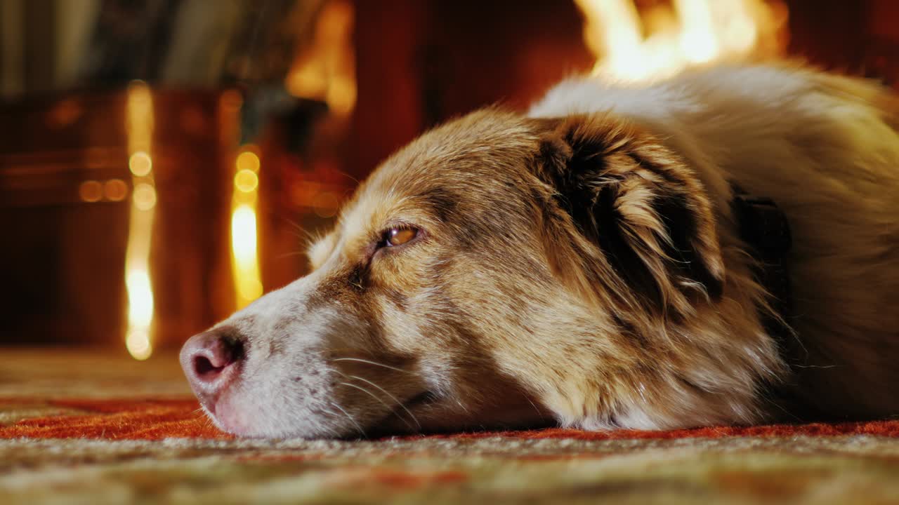 건물의 바닥에 누워있는 개. 벽난로의 배경에, 꿈