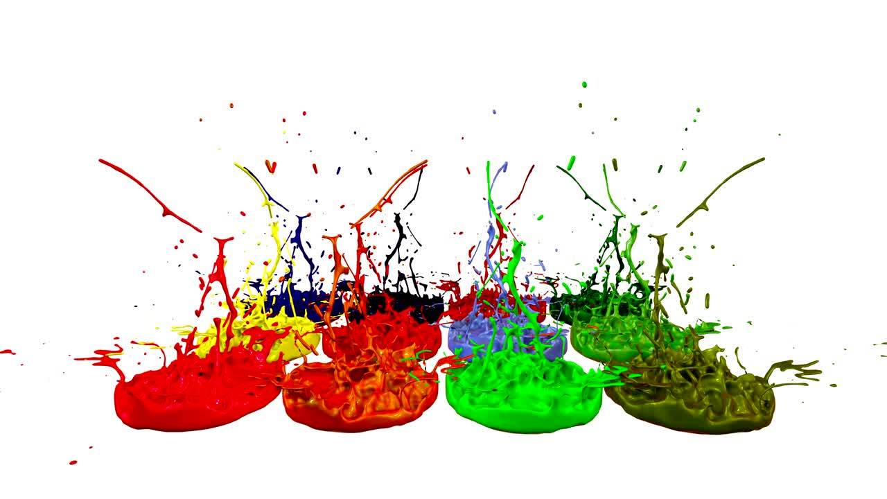 3d splashes of liquid. Paint bounce in 4k on white background. Simulation of splashes of ink on a musical speaker that play music. multicolor version 7