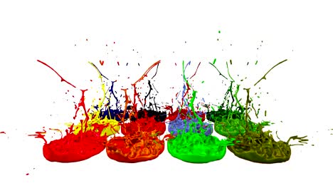 3d splashes of liquid. paint bounce in 4k on white background. simulation of splashes of ink on a musical speaker that play music. multicolor version 7