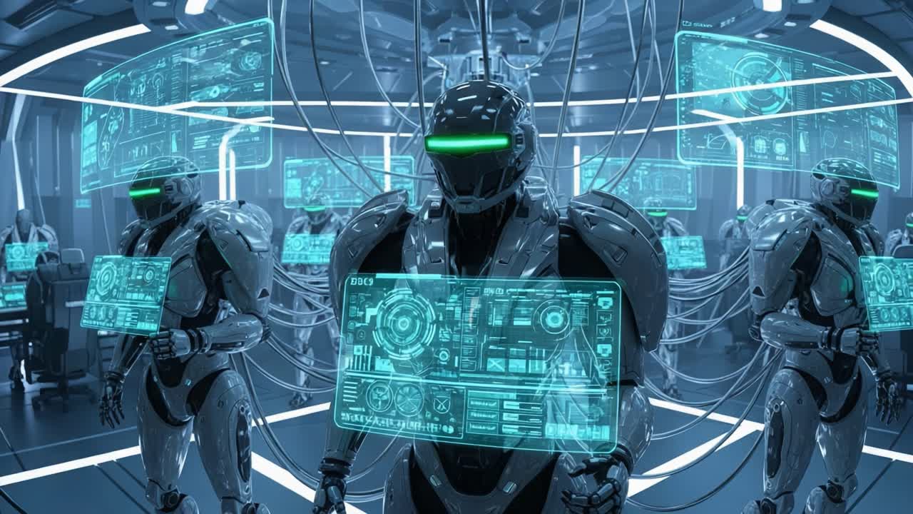 Futuristic Robotics Command Center: Advanced Humanoid Robots Utilizing Transparent Data Interfaces for Seamless Operational Control in a High-Tech Environment