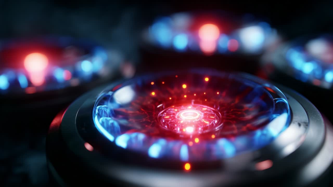 Exploring the Intricacies of a Futuristic Technology: A Close-up Look at a High-Definition Device Featuring a Layered Surface with Glowing Red and Blue Lights Captivatingly Encased in a Radiant Circular Design