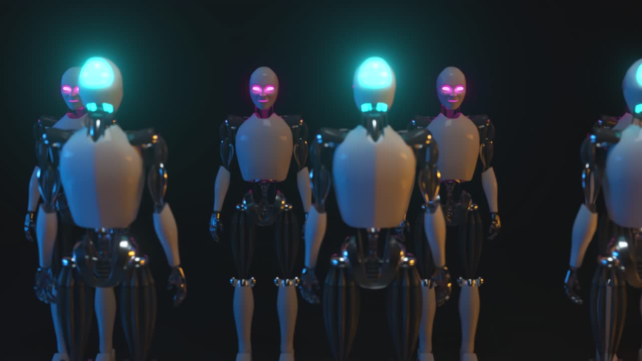 filas de robots futuristas con luces brillantes