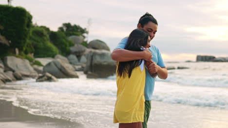 beach, hug and couple with love