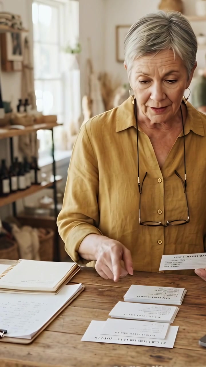 Video verticale: Disposizione di carte, proprietaria di negozio con top color senape e occhiali che sistema etichette sul bancone
