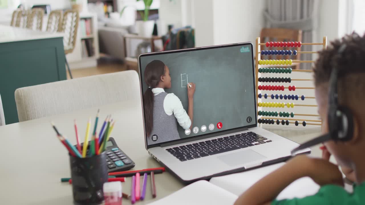 Composition of biracial boy on laptop online learning with african american female teacher