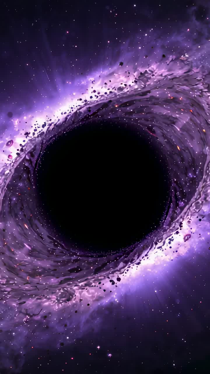 Vertical video: Rotating central black hole pulling debris along purple disk near nebula, feeding