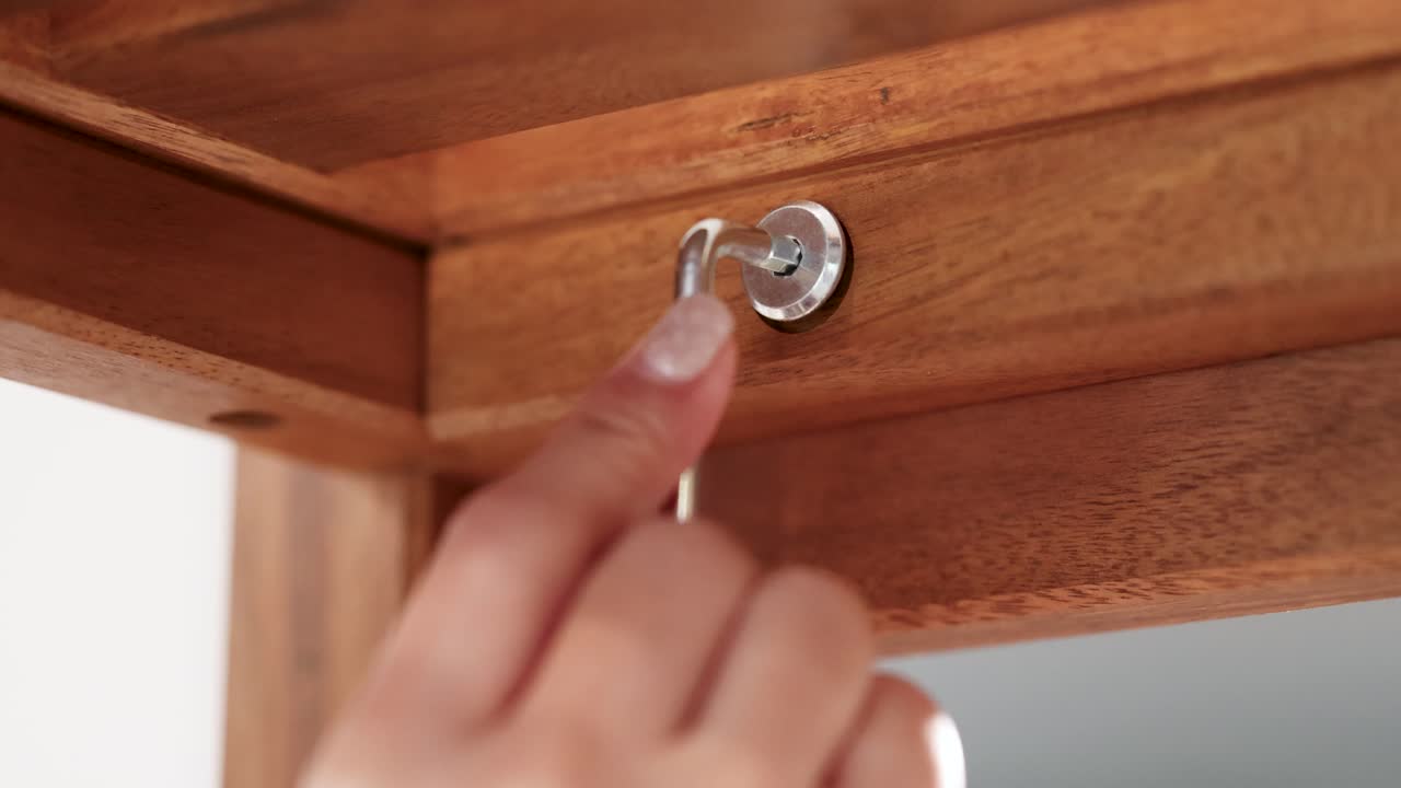Hands using a tool to tighten screws on wooden furniture, highlighting precision and craftsmanship in a well-lit setting