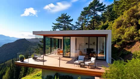 una casa moderna en una ladera con una cubierta y área de patio