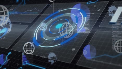 Animation-of-web-globe-icons-floating-against-interface-with-round-scanner-and-data-processing