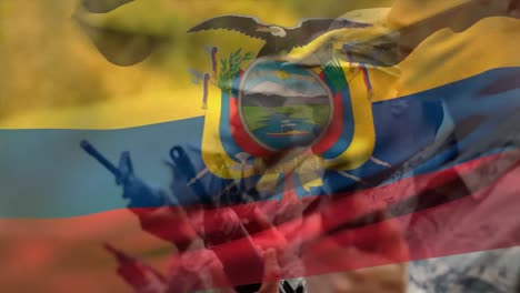 animación de la bandera de ecuador sobre varios soldados varones
