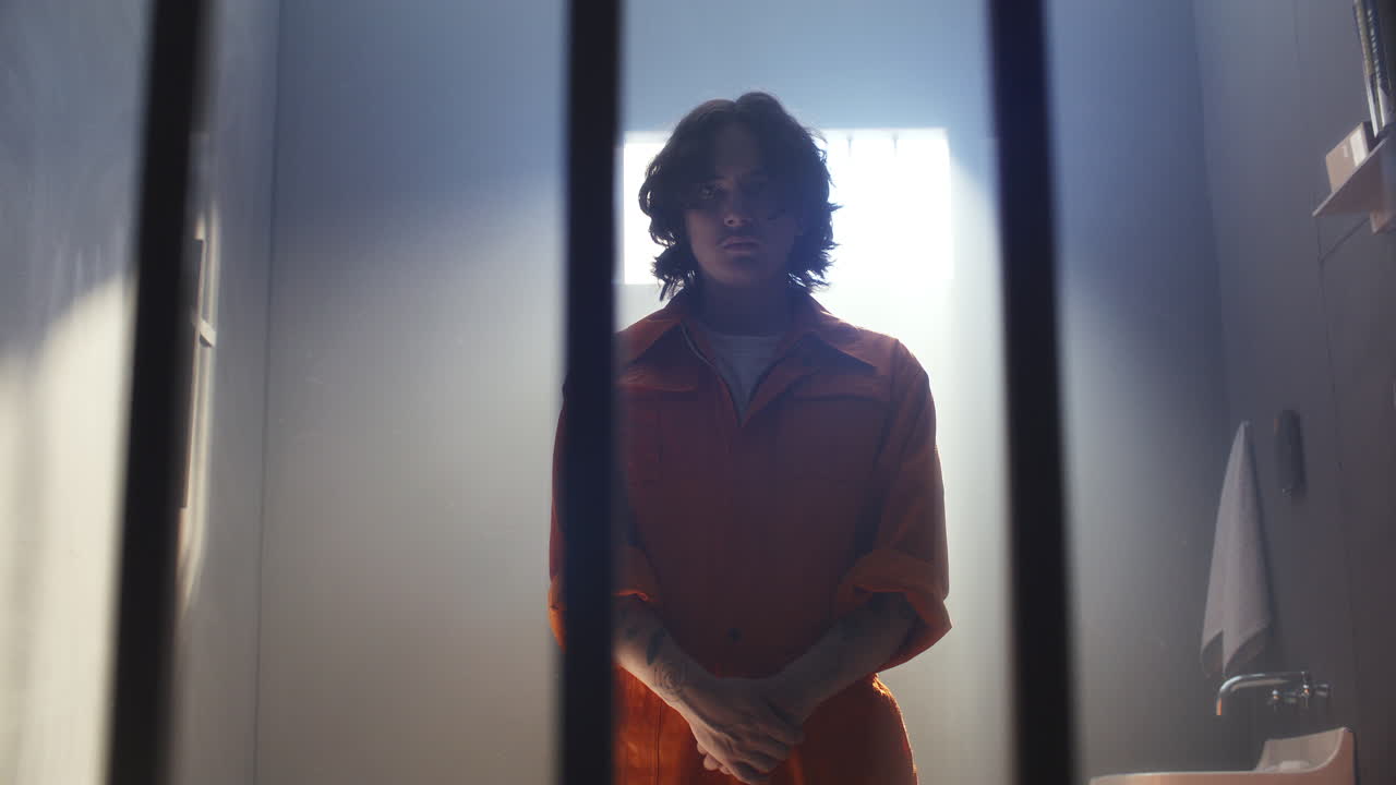 Portrait of Inmate Standing behind Barred Wall in Prison Cell