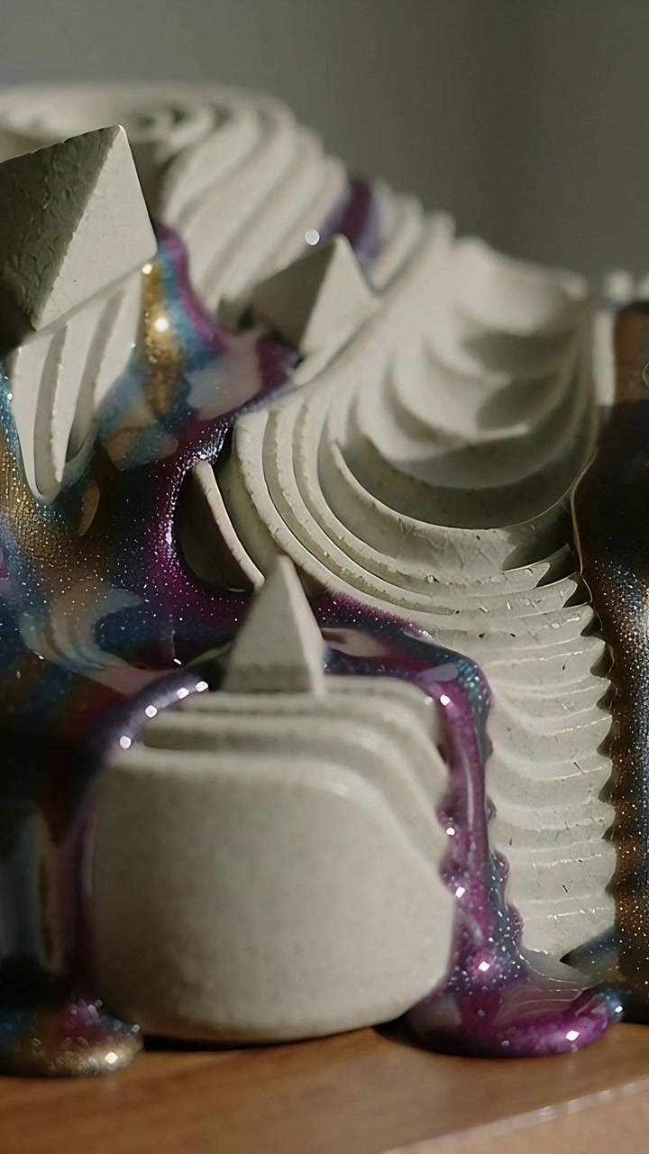 Vertical video: Flowing shiny resin from top-left, coating white ribbed piece on wood forming drips