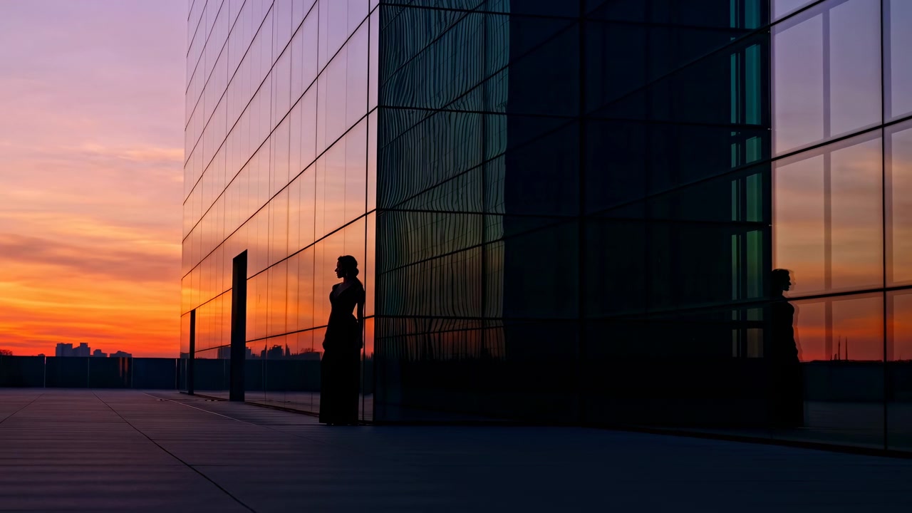 La luz cálida del atardecer se extiende por los paneles espejados de un edificio mientras una mujer permanece de pie cerca de la fachada, su perfil y reflejo se recortan contra el cielo naranja, una terraza oscura y un horizonte urbano distante
