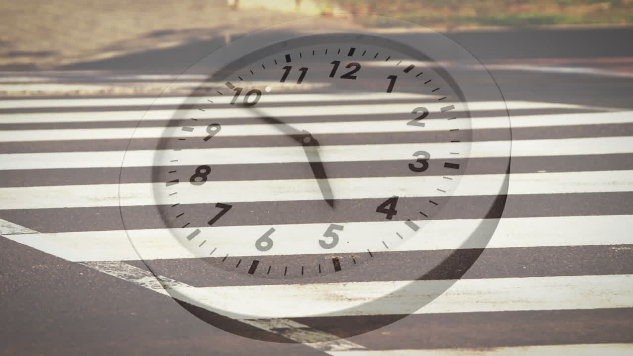 Animation of clock with fast moving hands over fast speed feet of pedestrians on busy crossing