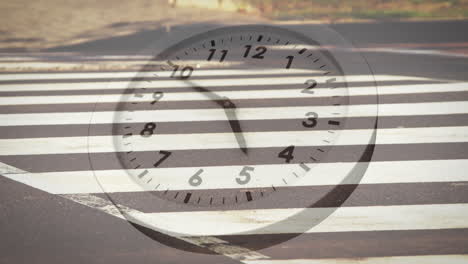 animation of clock with fast moving hands over fast speed feet of pedestrians on busy crossing