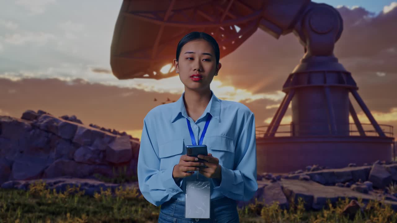 Asian Female Professional Worker Standing With Her Smarphone With Large Satellite Dish, She Observes By Looking Around Before She Come To Concentrating With Her Smarphone