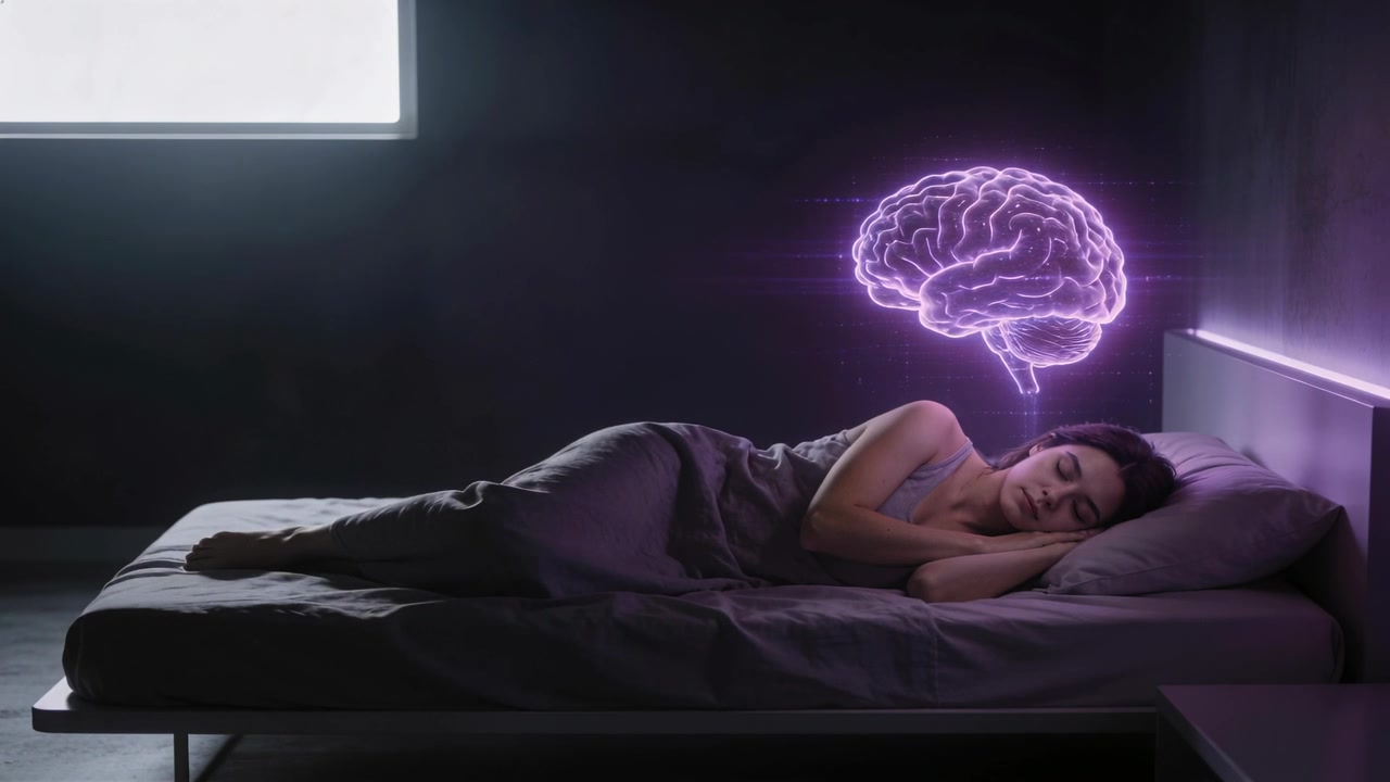 ベッドでタンクトップ姿で眠る女性の上に、夢を見ていることを示す紫色の脳のホログラムが現れ、窓が見える。