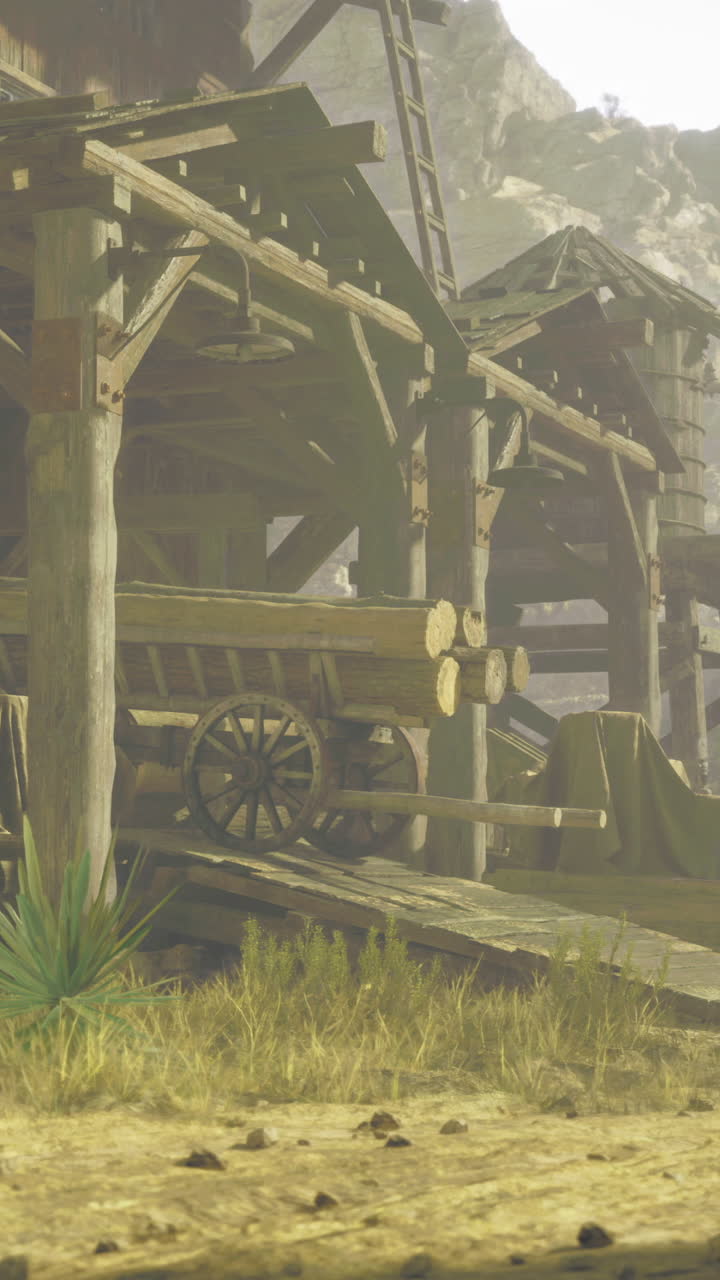 Old wooden structures alongside a dusty road in a rugged landscape