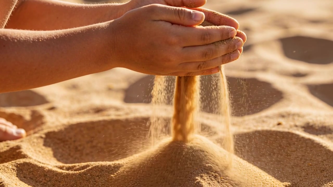 Barns kupade händer svävar sedan släpper torr sand över en vertikal pinne på stranden, och bygger en sandhög.