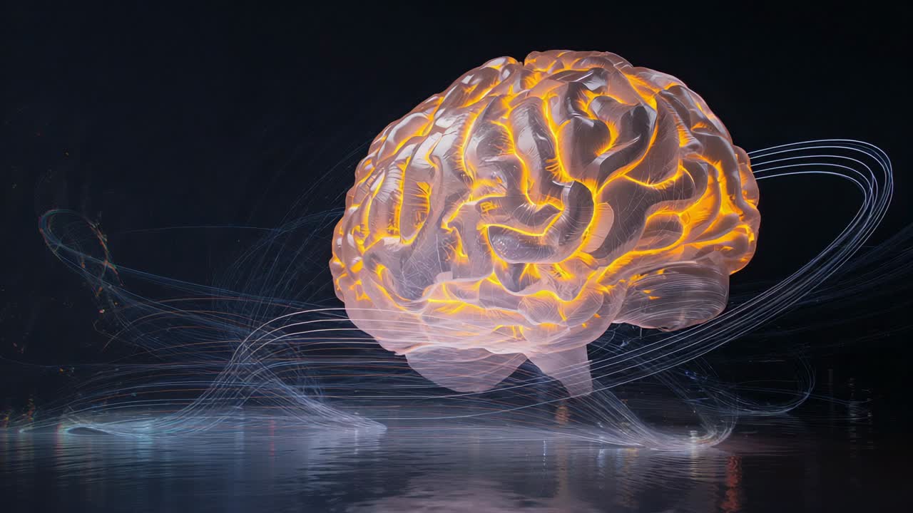 Rendering in 3D di un cervello che ruota sopra un pavimento a specchio, con percorsi neurali luminosi che mostrano dati