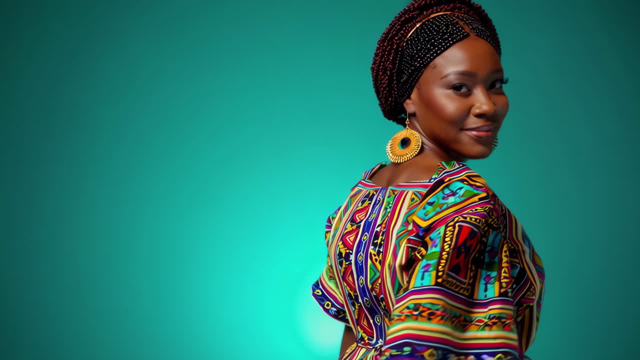 Ritratto di una donna africana sorridente in vivaci abiti tradizionali