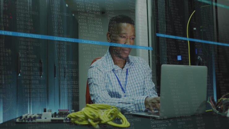 Animation of data processing over african american male it engineer and computer servers