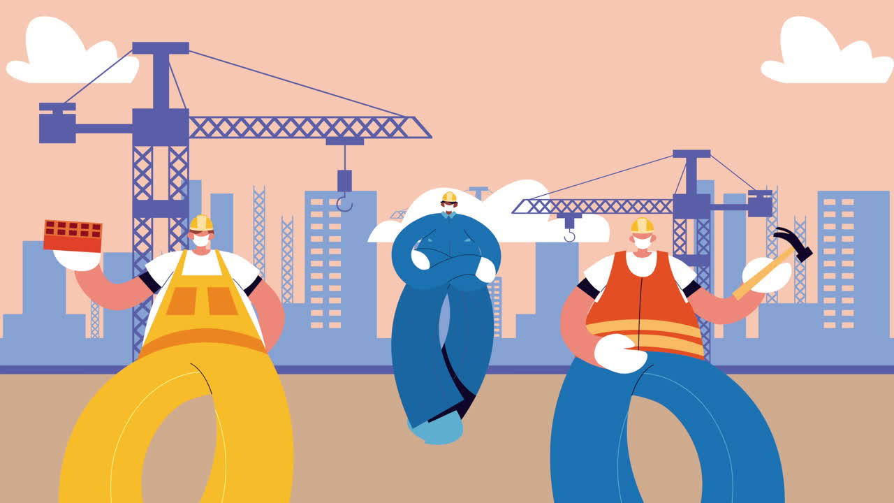 builders constructors wearing medical mask for covid19 protection