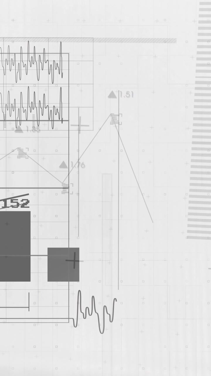 Video verticale: Dashboard tecnologica che riceve un flusso di dati, con barre che si aggiornano, tracce pulsanti e numeri che cambiano.