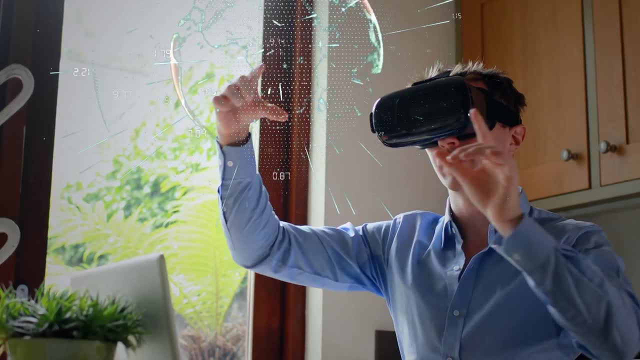 animación del globo con conexiones sobre el hombre caucásico usando auriculares vr