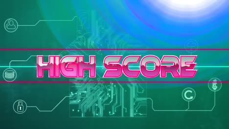 Animation-of-pink-metallic-text-high-score,-with-neon-lines,-over-computer-motherboard-and-network