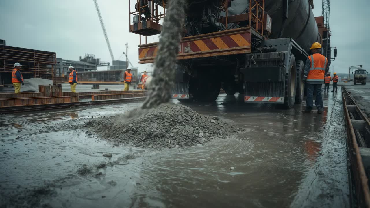 After chute lowering, mixer truck pouring slurry on rail deck, workers in orange vests guiding pour