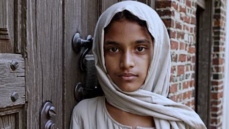 portrait of a thoughtful young girl wearing a headscarf, standing near an old wooden door and a brick wall, her contemplative gaze suggesting introspection