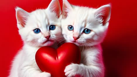 two white kittens holding a red heart