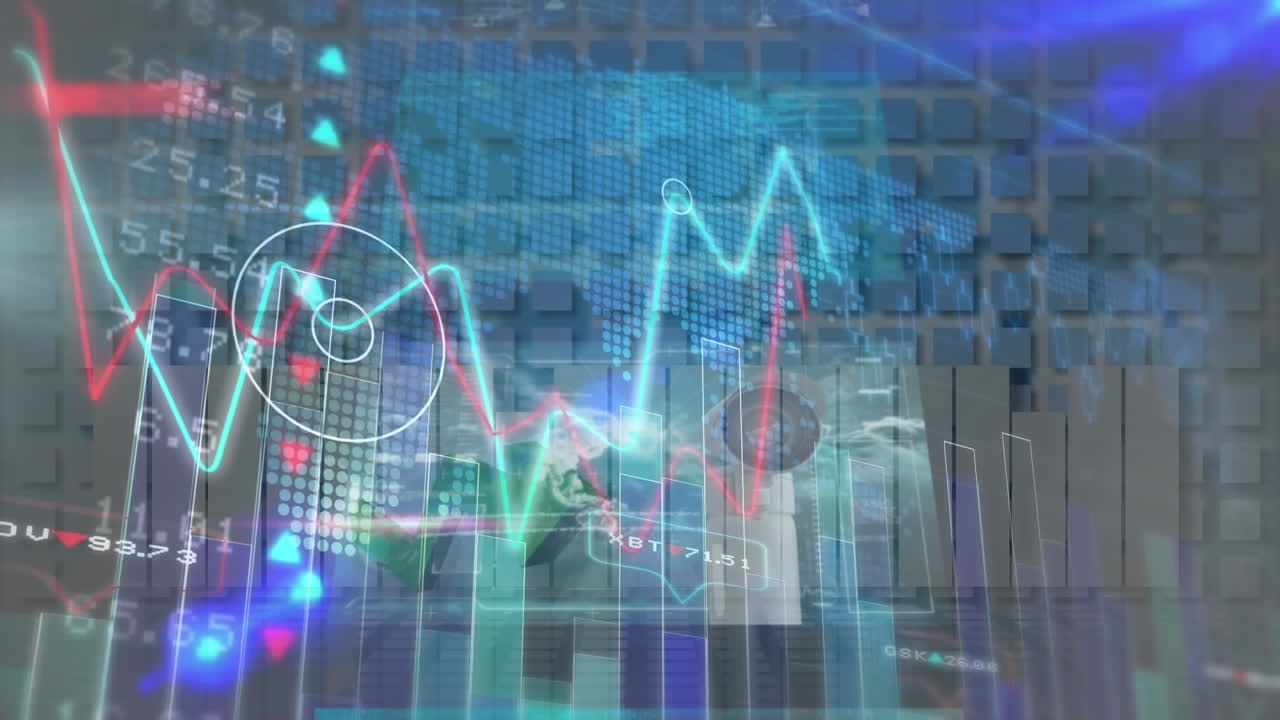 animación de datos financieros en una pantalla digital con información diversa