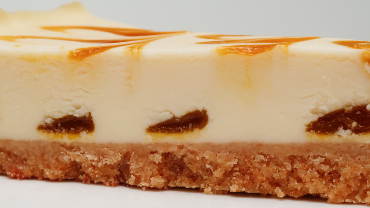 Close-up of a slice of cheesecake with caramel topping