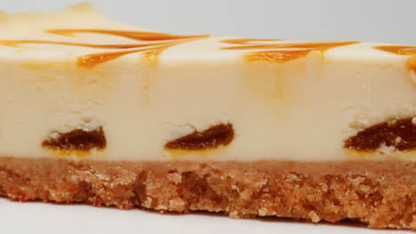 close-up of a slice of cheesecake with caramel topping