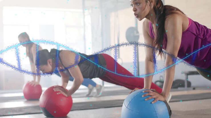 Animation of dna strands over caucasian women exercising at gym