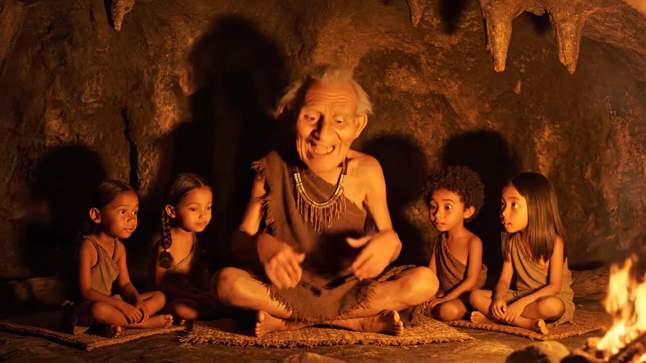 Ancient Storyteller Sharing Tales with Children in a Cave