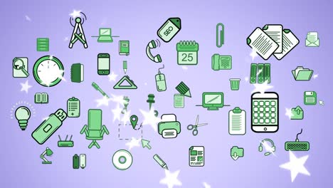 animation of school items icons on purple background