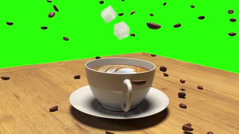 animation of flying around a cup of coffee and beans frozen in air on a green background. good for keinsh and movie effects.