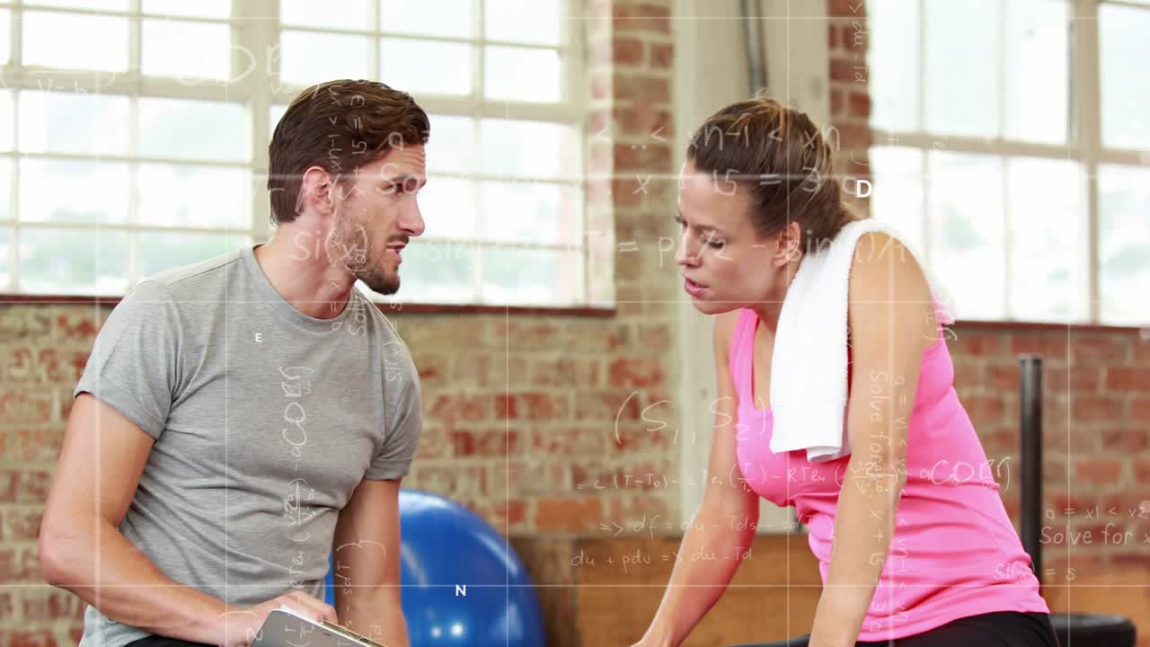 Female client doing arm curls after trainer cue in fitness gym, animated rep counter for technique