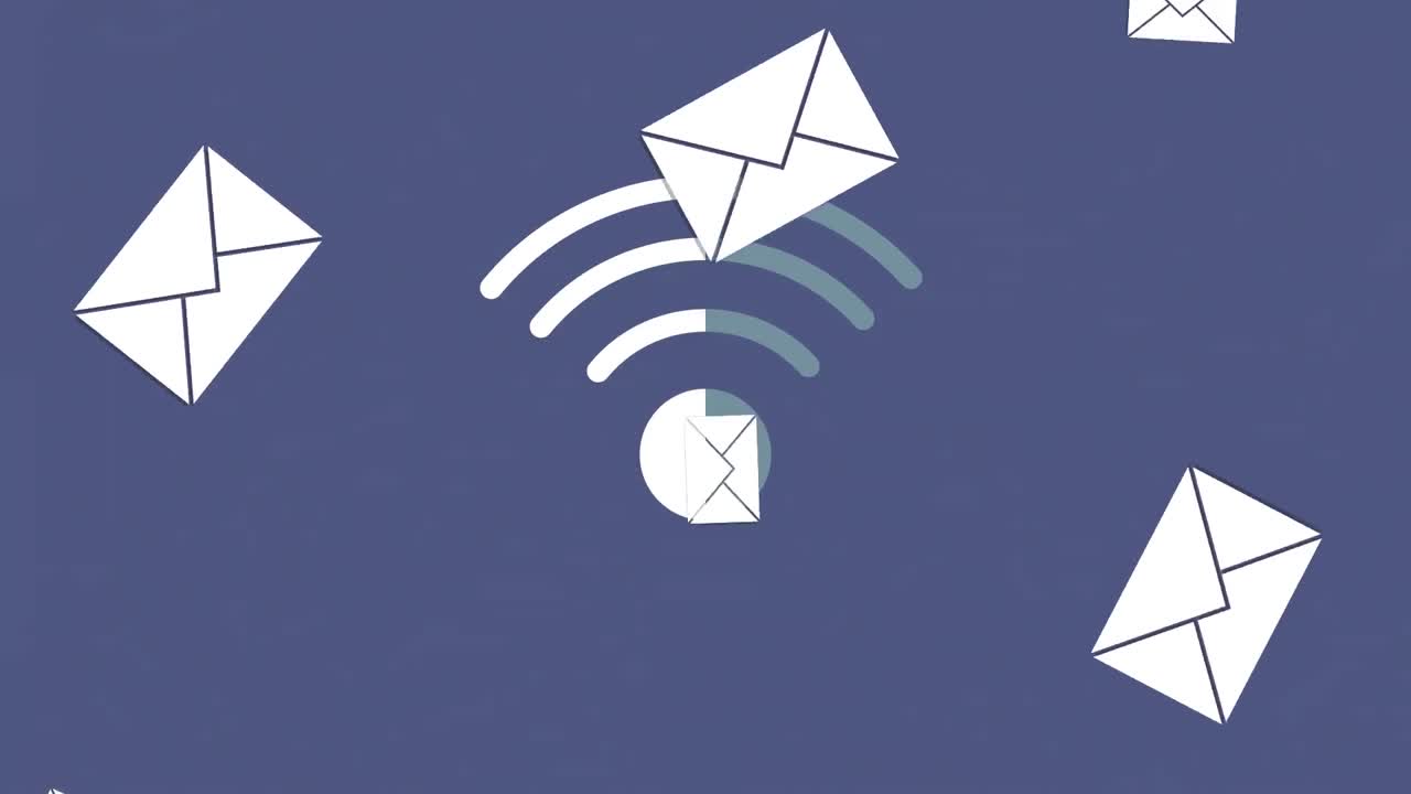 Animation af digitale ikoner for Wi-Fi og mail svævende over en blå baggrund