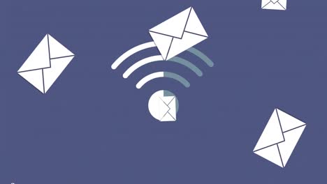 animation of wifi and mail digital icons floating over blue background