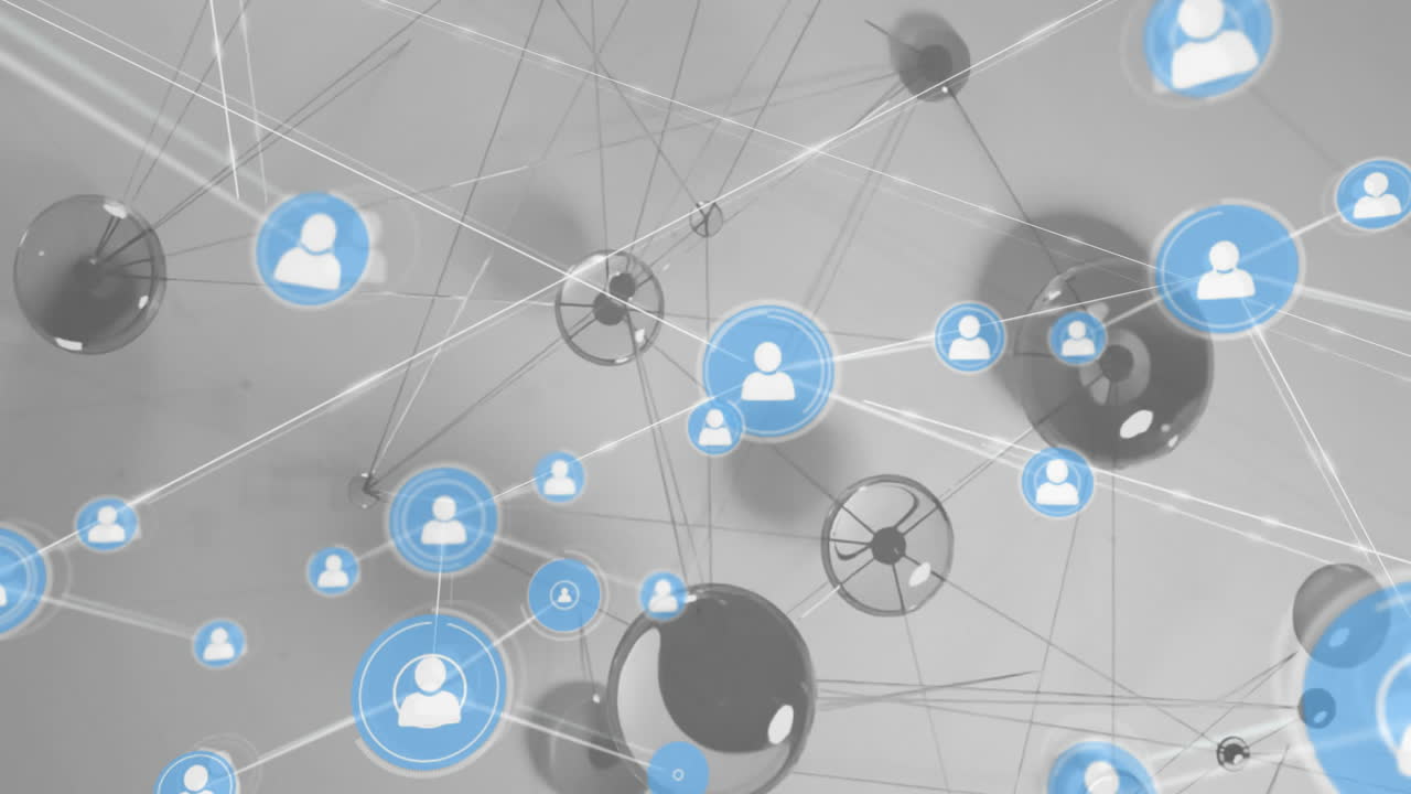 회색 배경 위에 있는 사람들과의 연결 네트워크 아이콘의 애니메이션